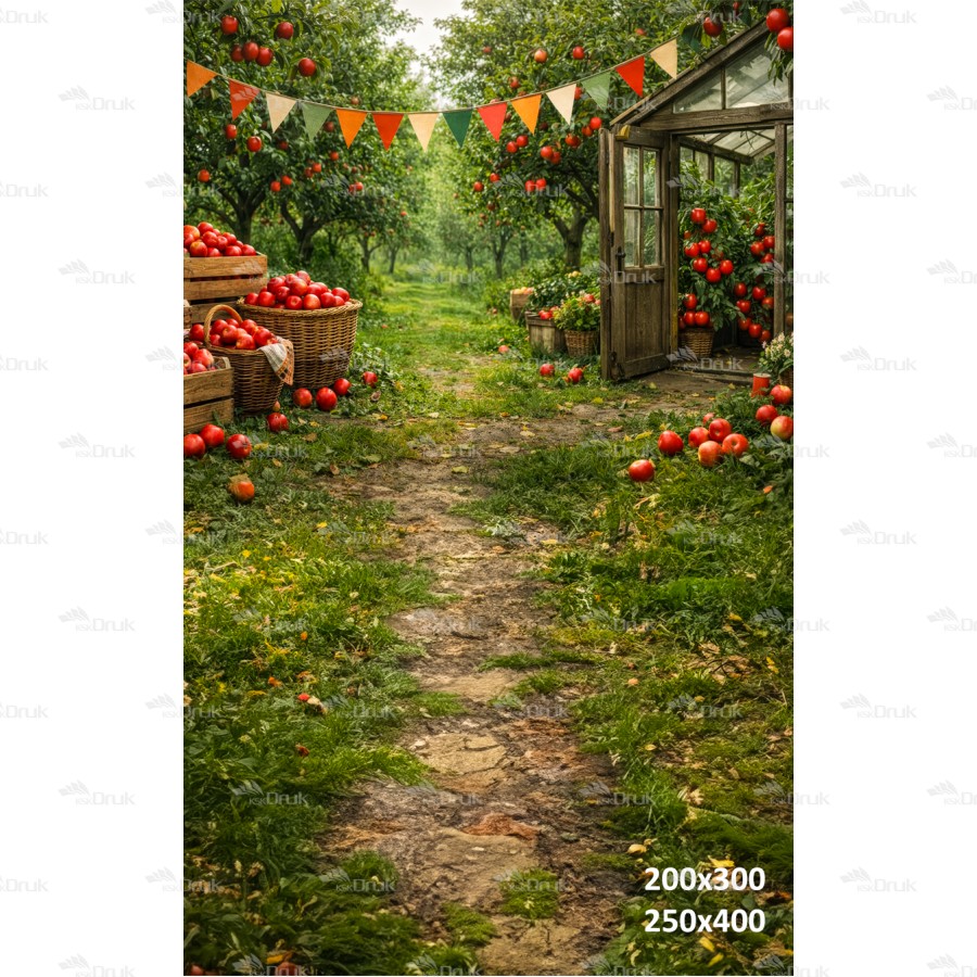 Tło fotograficzne „Sad jabłoni z rustykalną szklarnią” | 4018